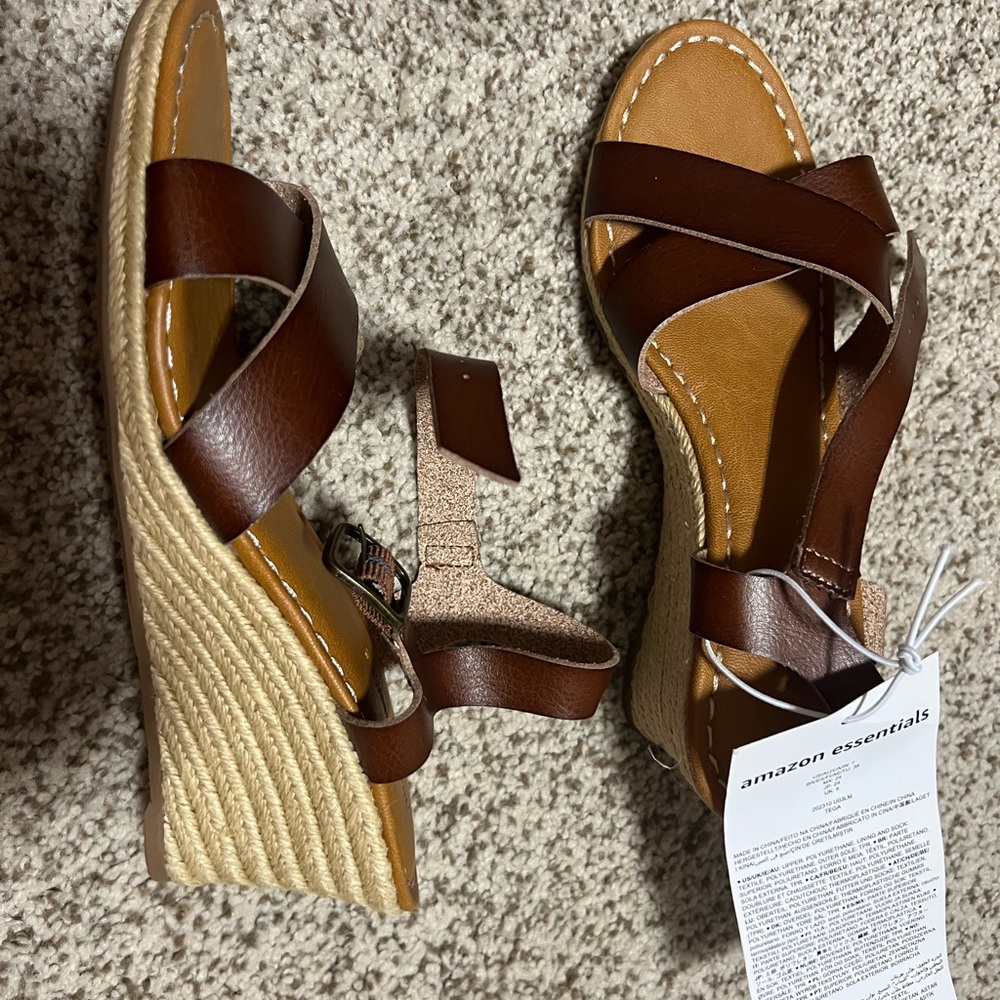 Amazon Essentials Brown Leather Wedge Sandals with Espadrille Heel